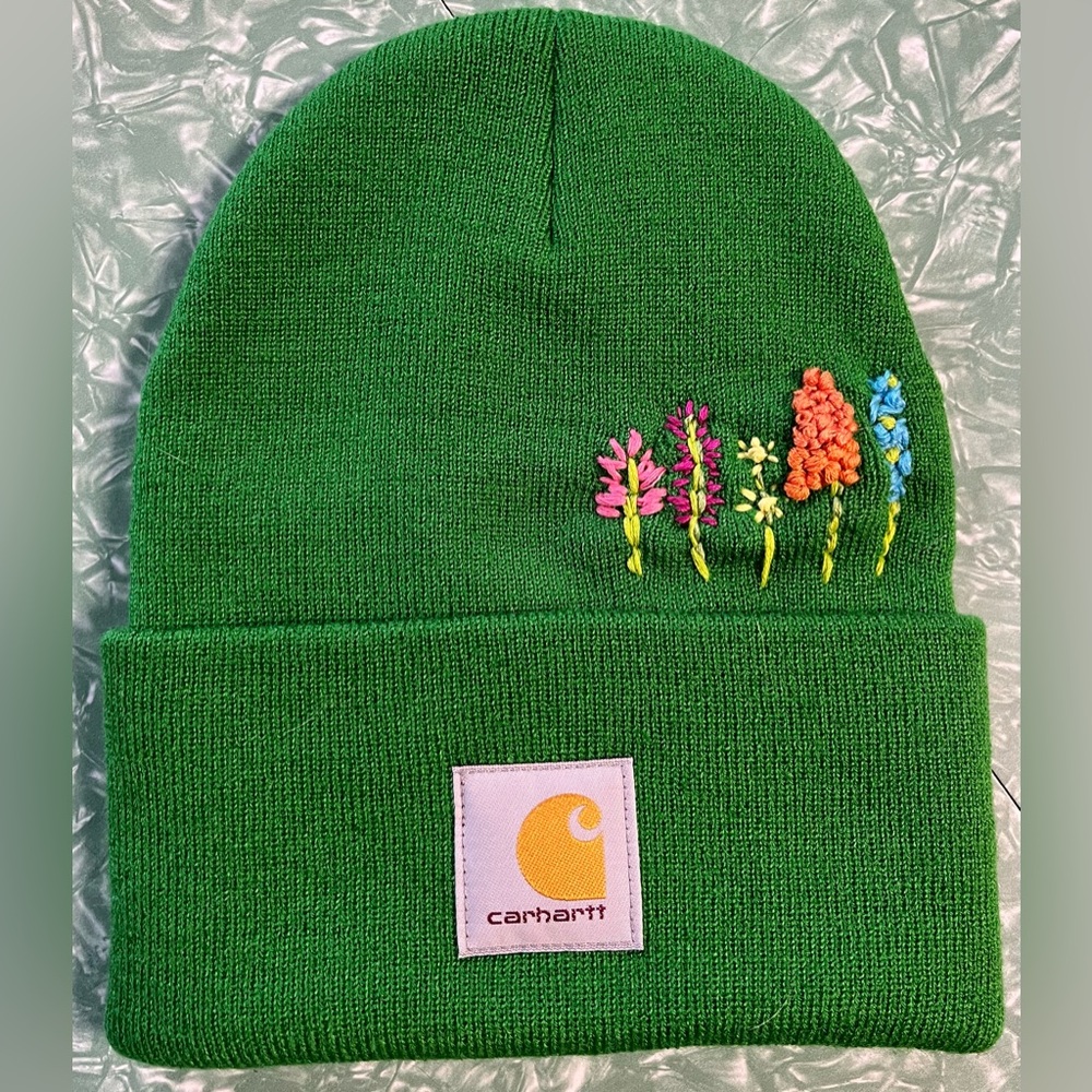 Carhartt Green beanie with floral embroidery